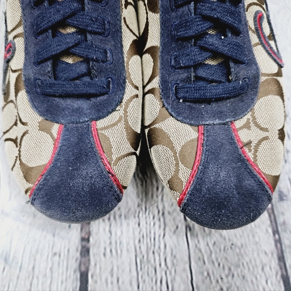 COACH | Devin khaki navy suede laceup monogram spellout sneaker - Picture 4 of 9